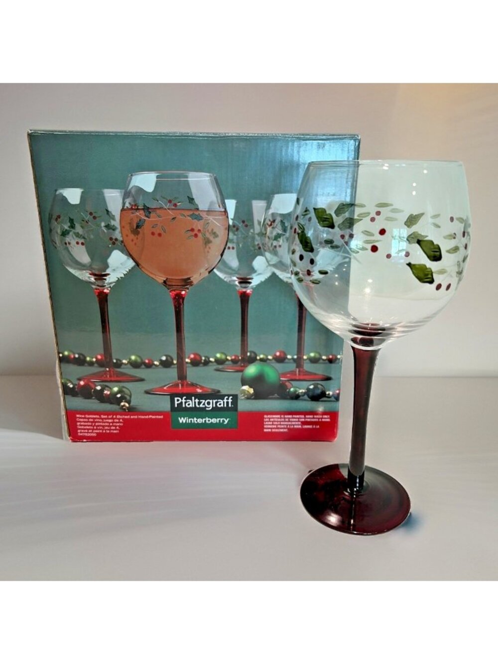 Pfaltzgraff Winterberry Wine Goblets Red Stems Etched Hand Painted Set of 4 NEW